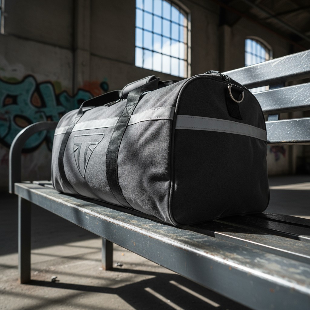 A black duffel gym bag with white trim sits on a metal bench in an industrial room. The bag has straps for carrying and a ...